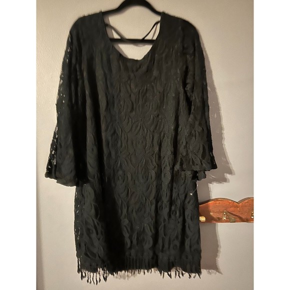 ING Womens Bell Sleeve Sheer Lace Tunic Dress Fringe Bottom Size 1X Black - Picture 1 of 4